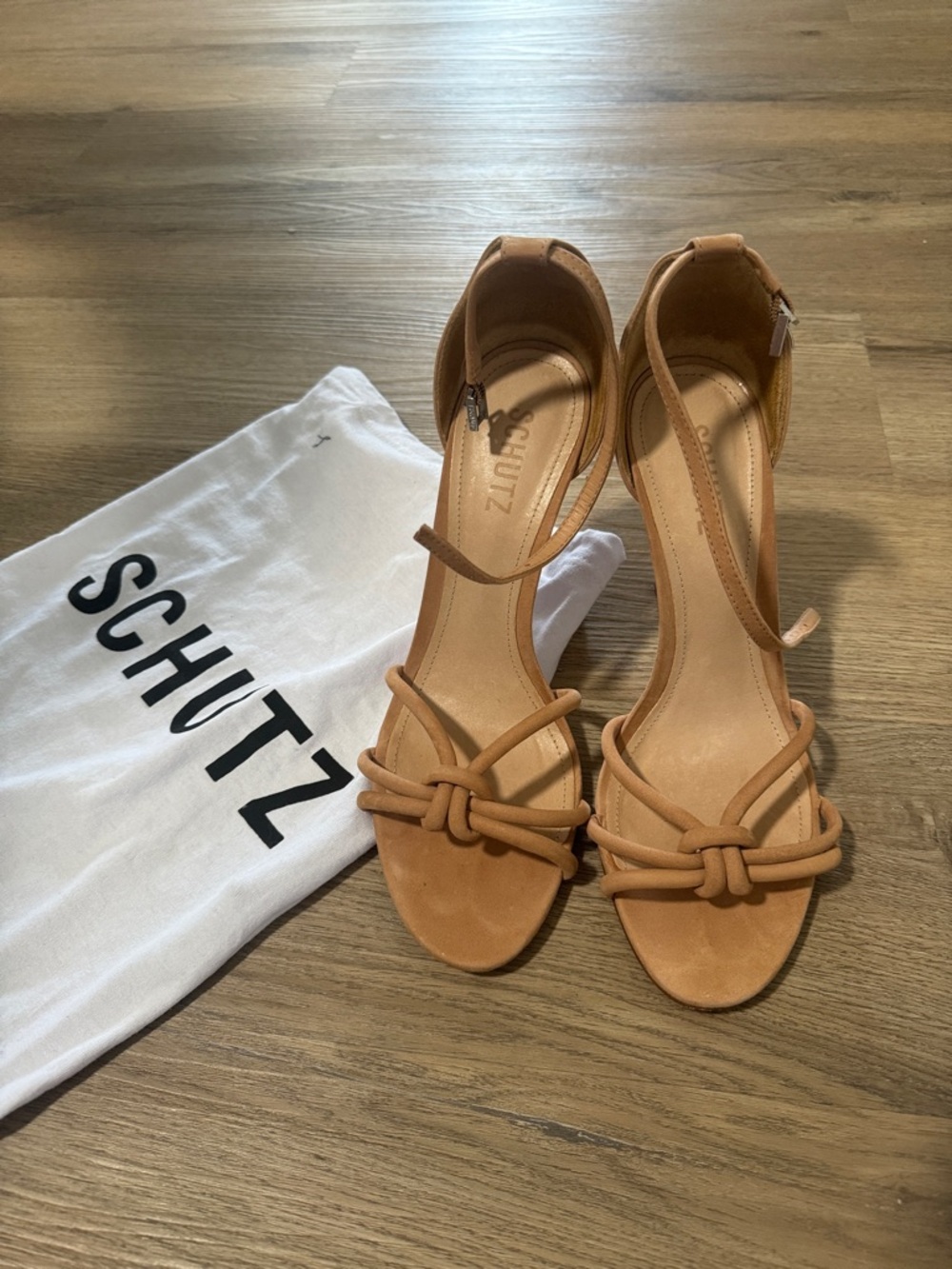 SCHUTZ Cognac Knotted Strap Ankle-Heel Sandals